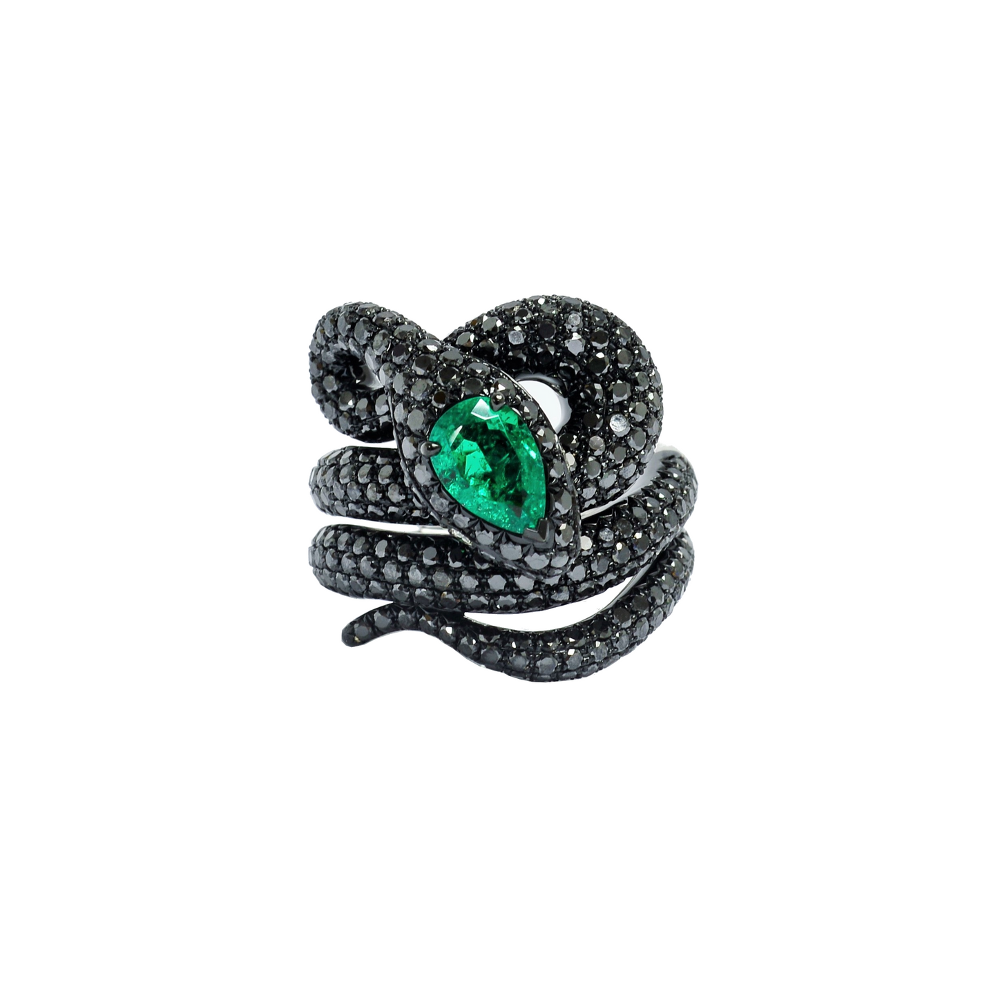 White Gold & Platinum with Black Diamond and Emerald Cocktail Ring from Snake Collection