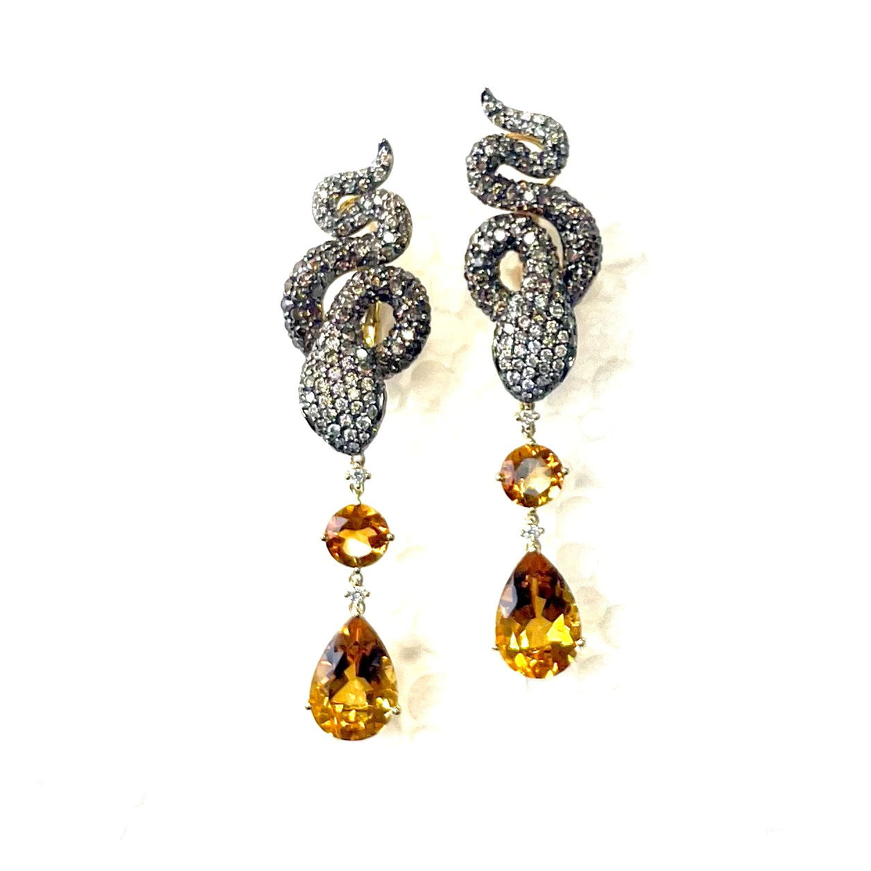 Yellow Gold with White & Brown Diamond & Green Garnet & Citrine Earrings from Snake Collection