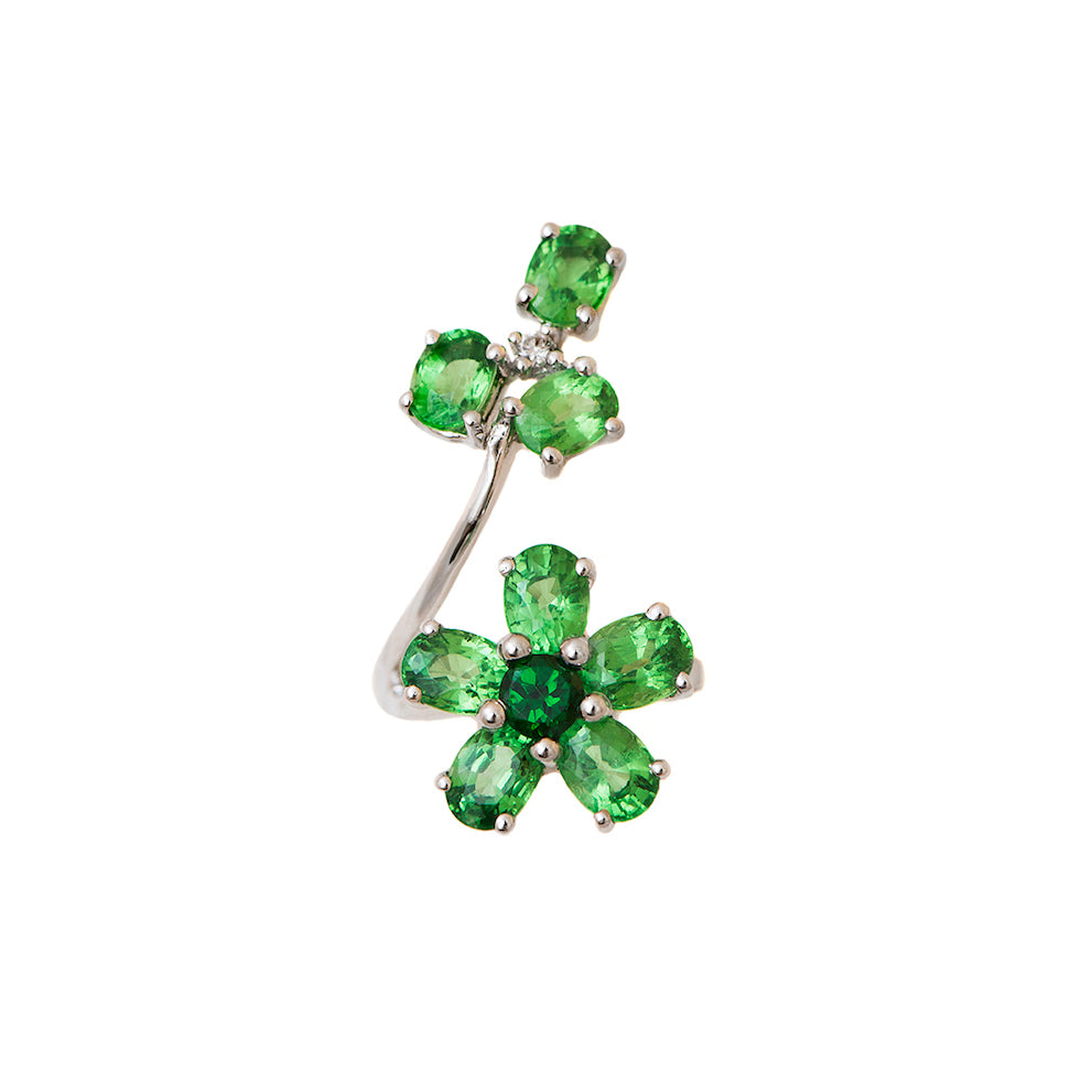 White Gold with Green Garnet and White Diamond Ear Cuff from Flowers Collection