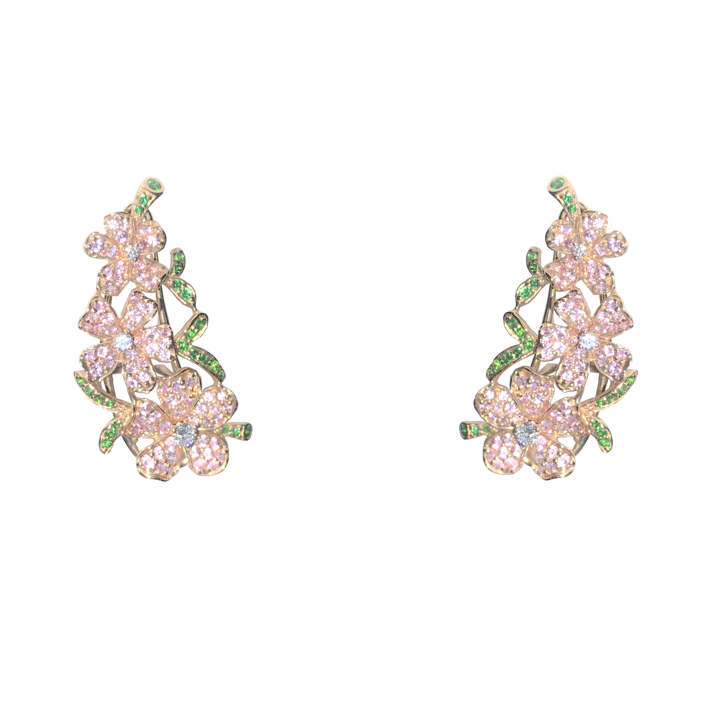 Rose Gold with White Diamond, Pink Sapphires and Green Garnets Earrings from Flowers Collection