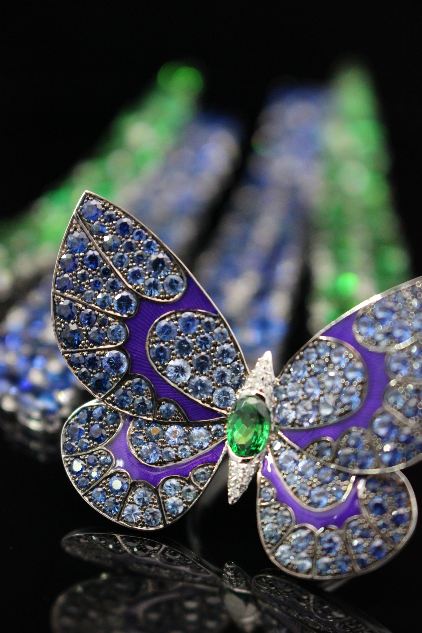 White Gold White Diamond Blue Sapphire Tsavorite Ring From Butterfly Collection