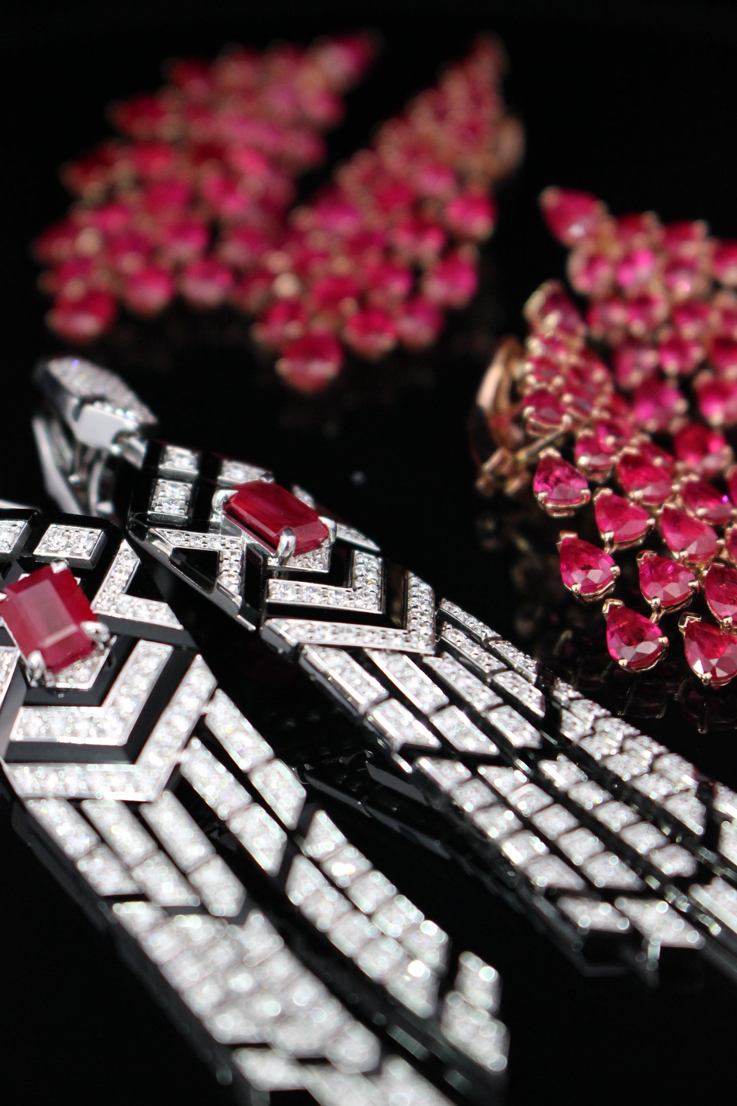 White Gold White Diamond Ruby Onyx Statement Earrings