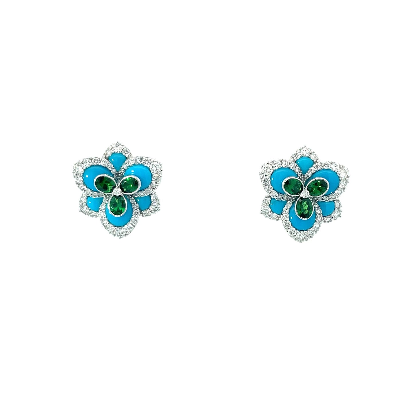 White Gold with White Diamond & Tsavorite & Turquoise Earrings from Flower Collection