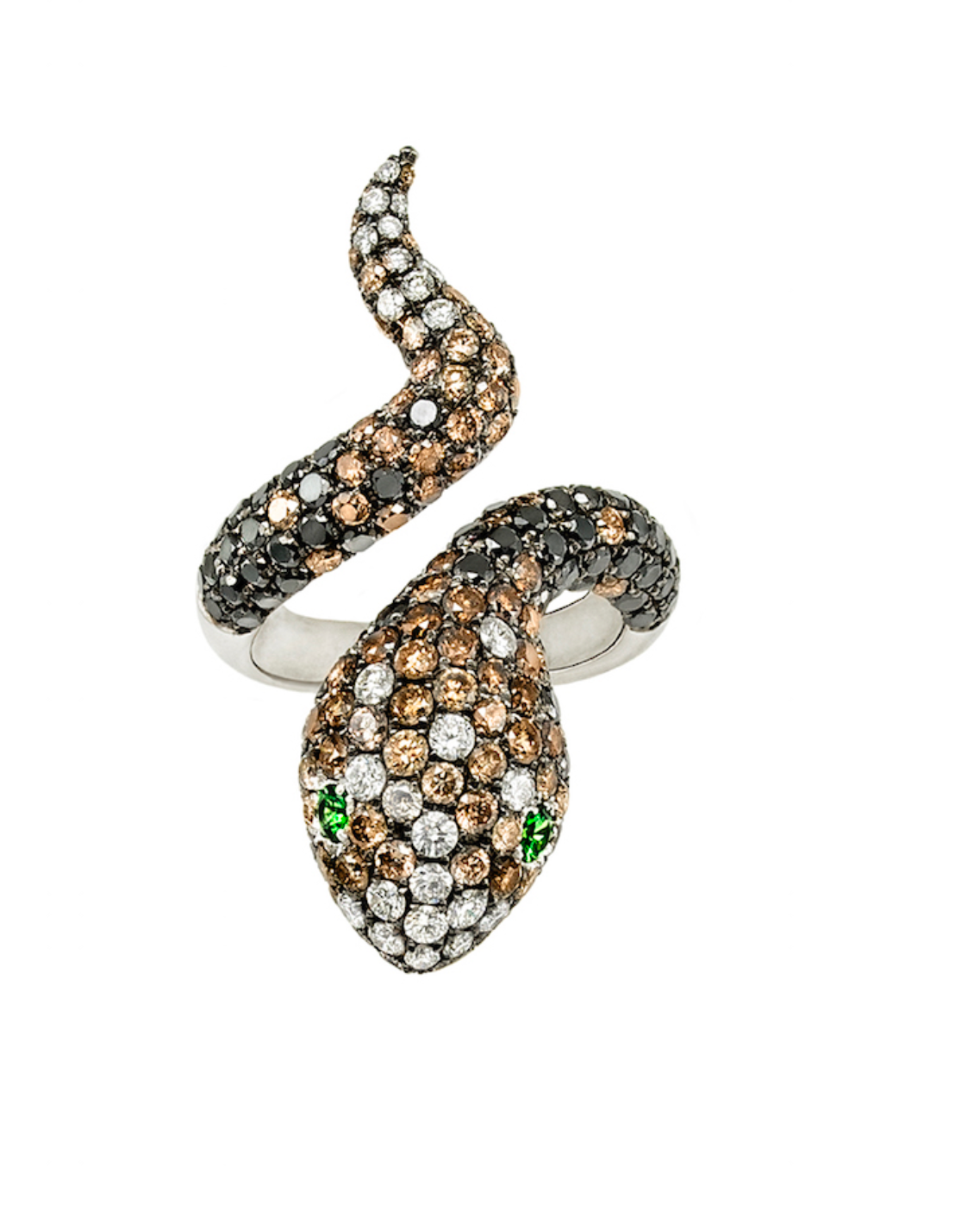 White Gold with White & Black & Brown Diamond & Green Garnet Ring from Snake Collection