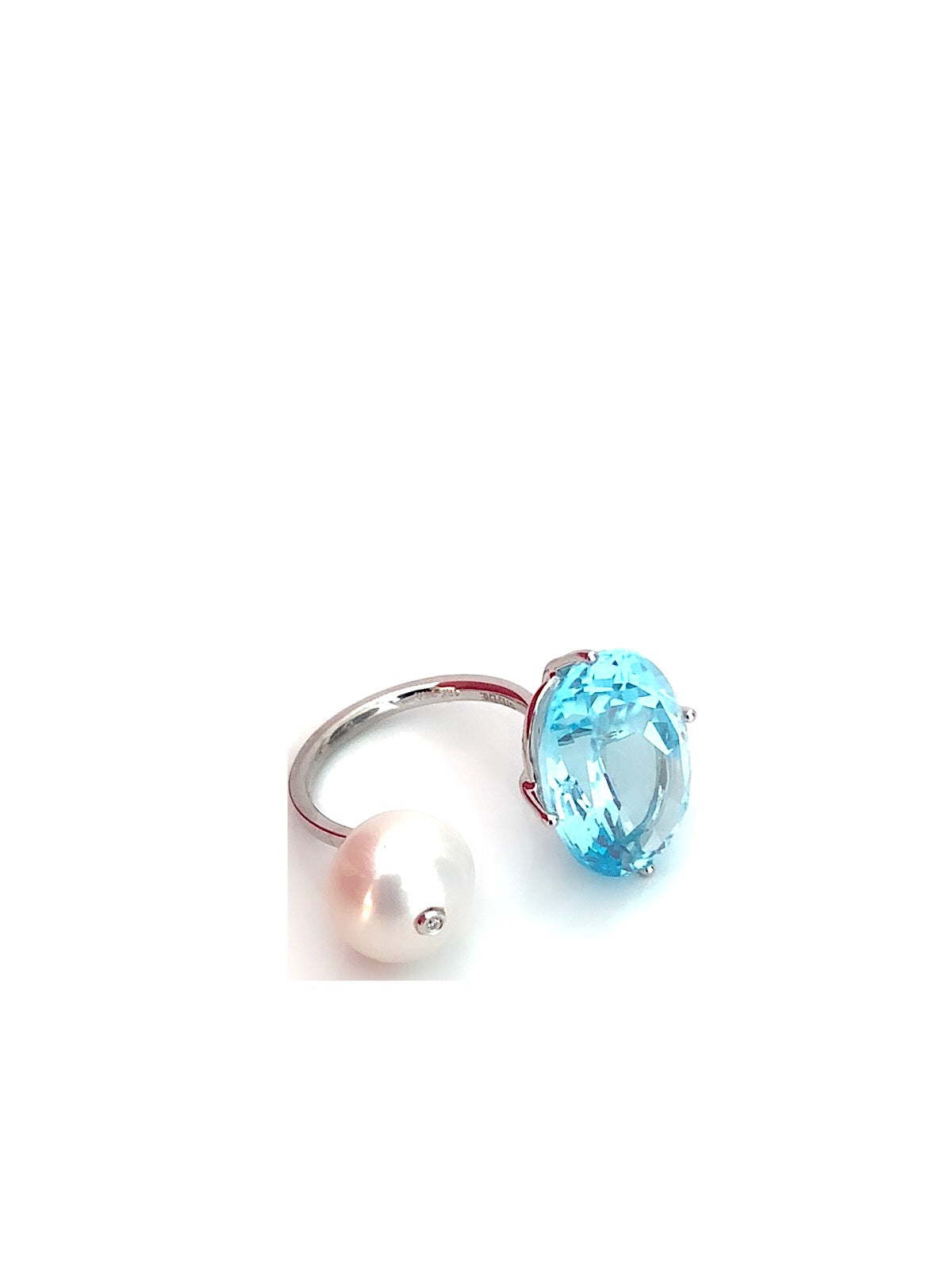 White Gold with White Diamond & Fresh Water Pearl & blue Topaz Ring from Terri Collection