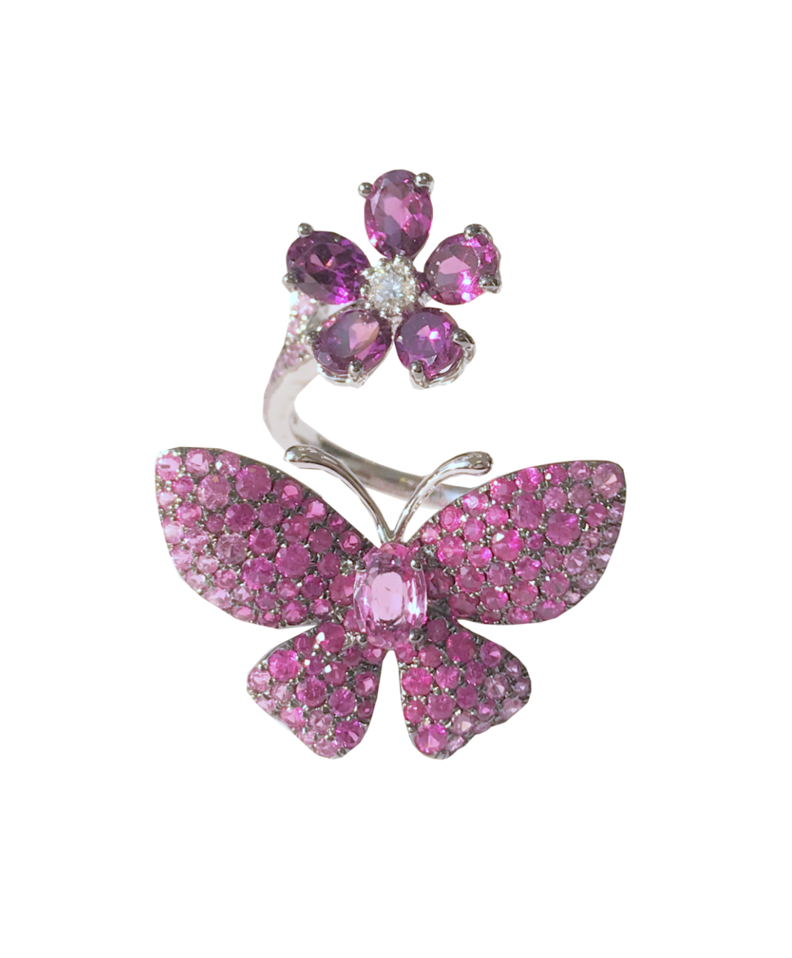 White Gold with White Diamond & Pink Sapphire & Rhodolite Garnet Ring from Butterflies collection