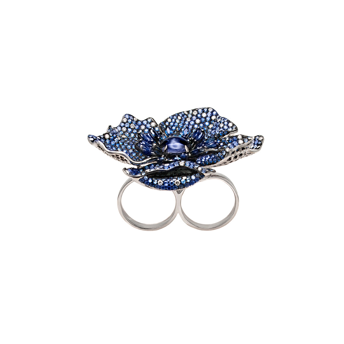 White Gold White Diamond Blue Sapphire Blue Iolite Two Fingers Ring From Flower Collection