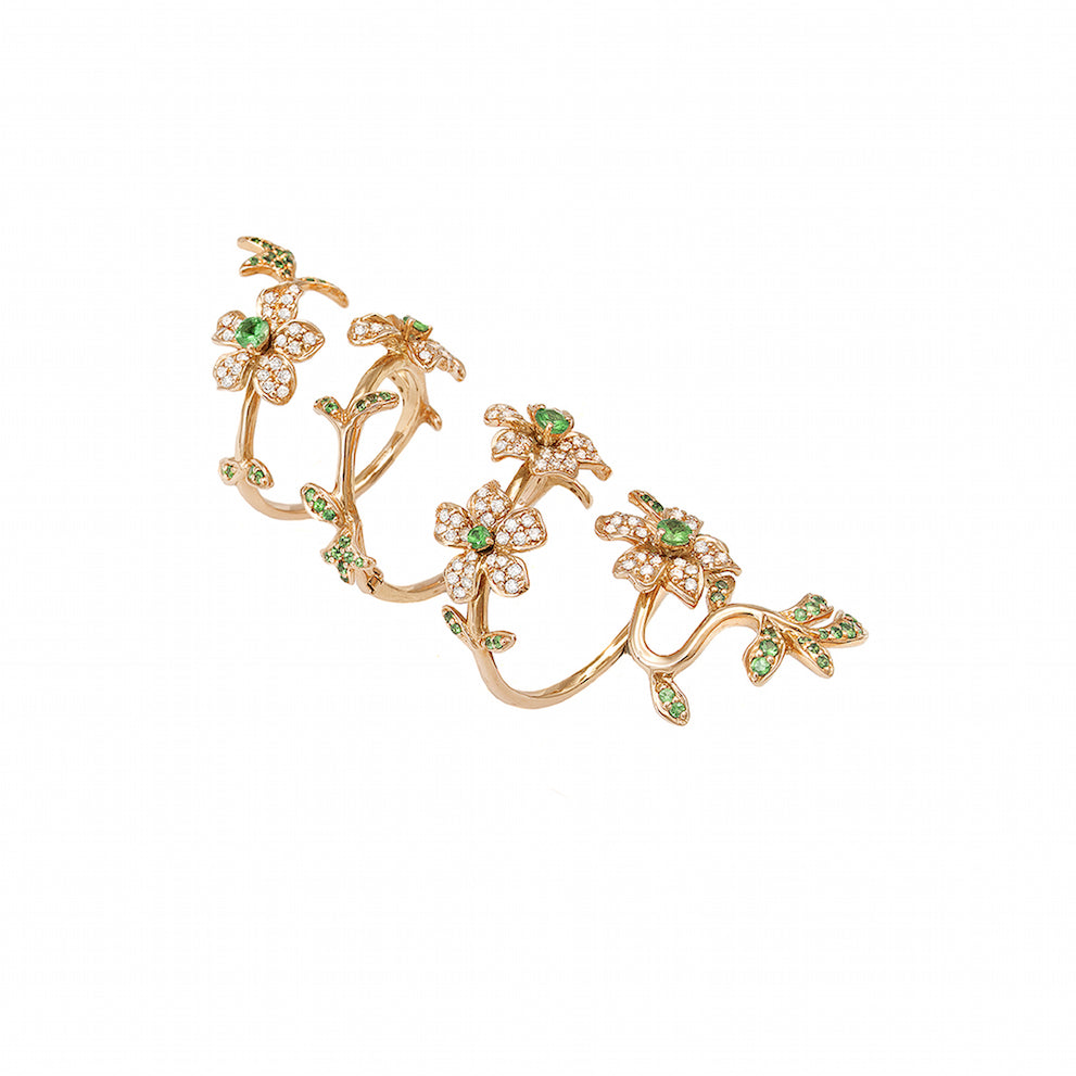 Rose Gold with White Diamond and Green Garnet Coiled Ring from Flowers Collection