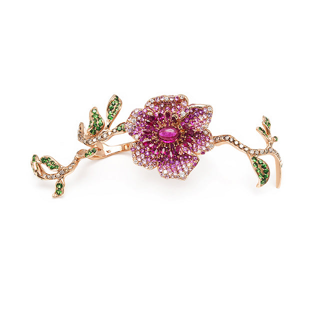 Rose Gold with Pink Sapphire & Pink Turmaline & Green Garnet & Black Diamond Ring from Flowers Collection