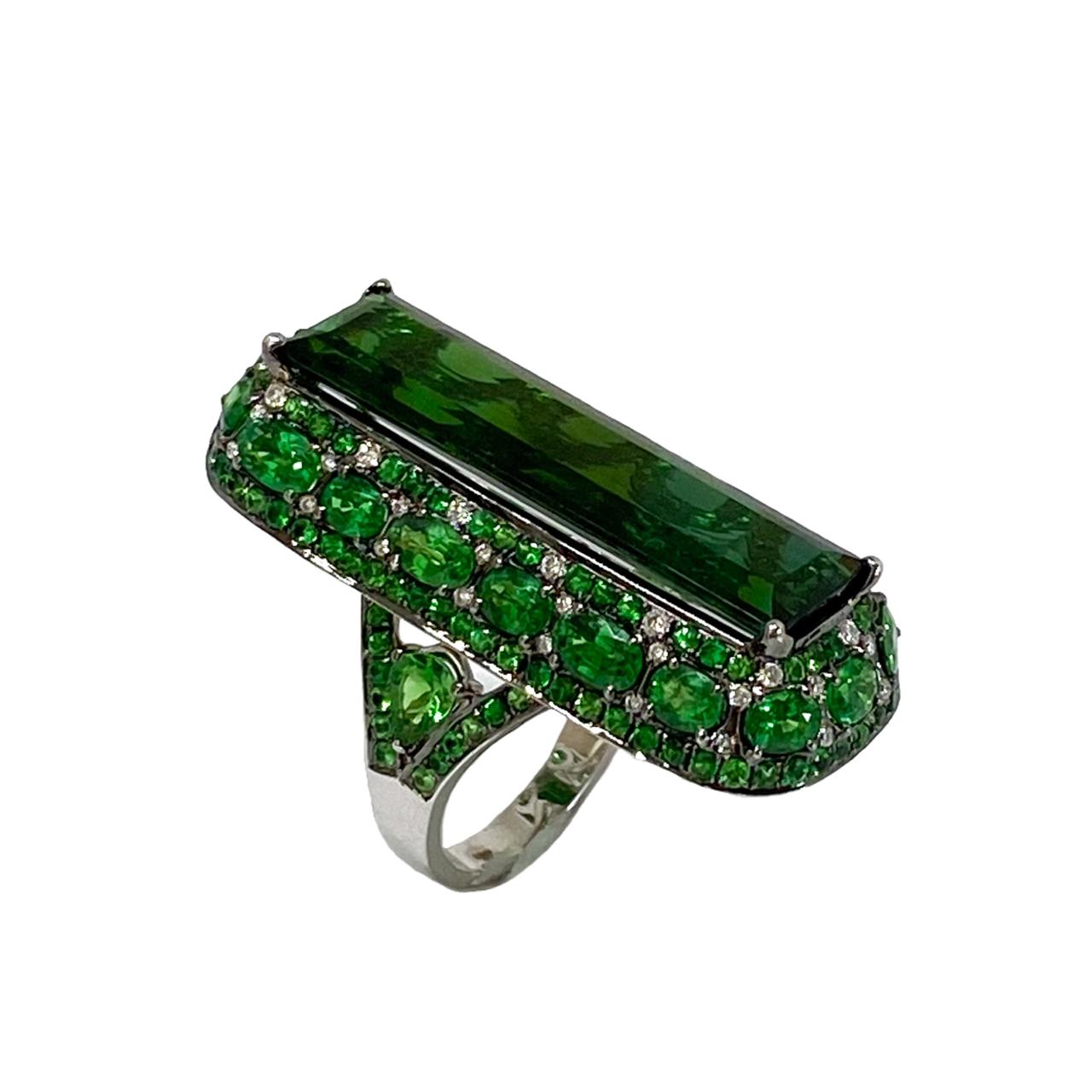 White Gold with White Diamond & Gree Turmaline & Green Garnet Ring from Terri Collection
