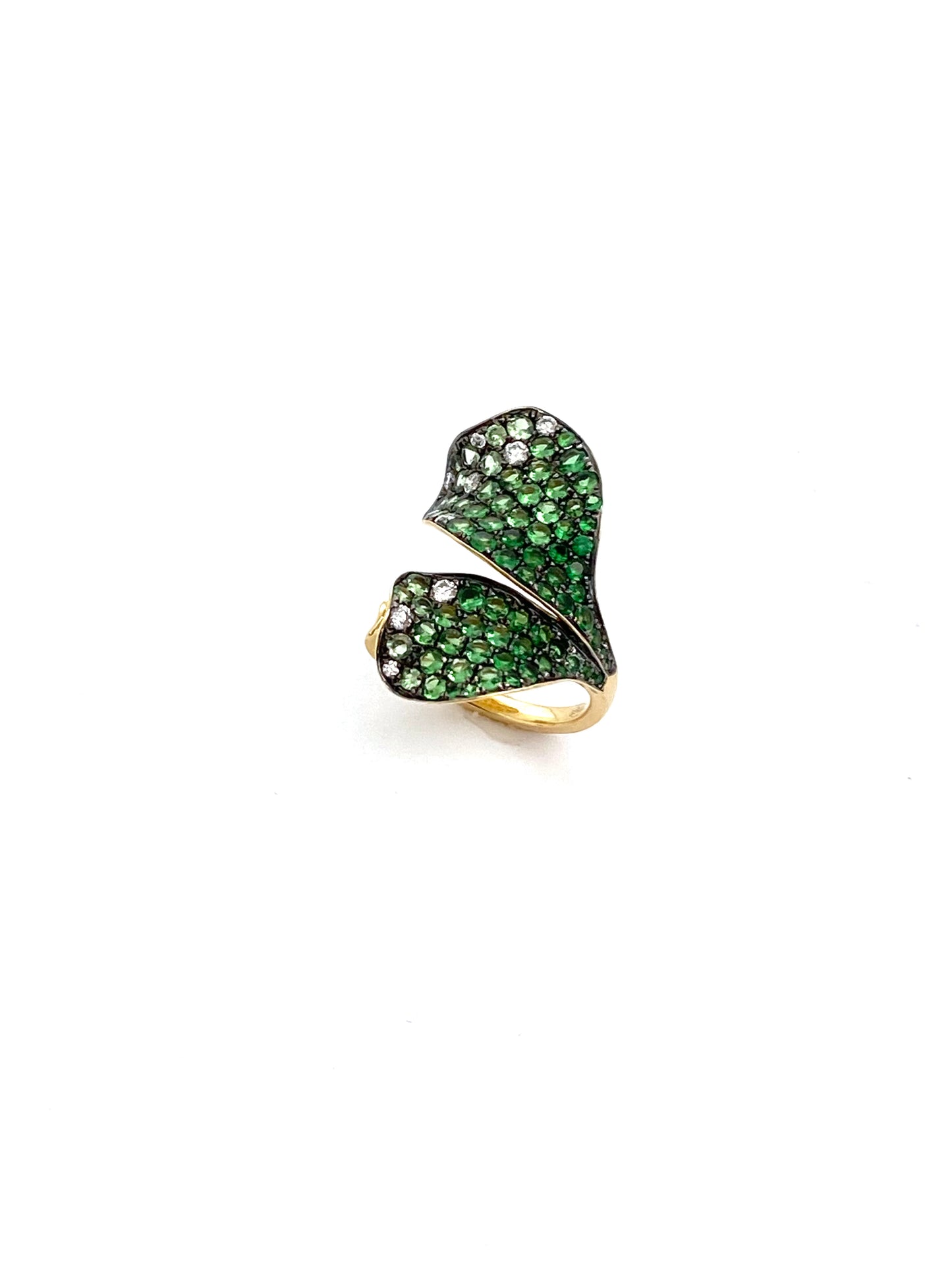 Yellow Gold with White Diamond & Green Garnet Ring from Petal Collection