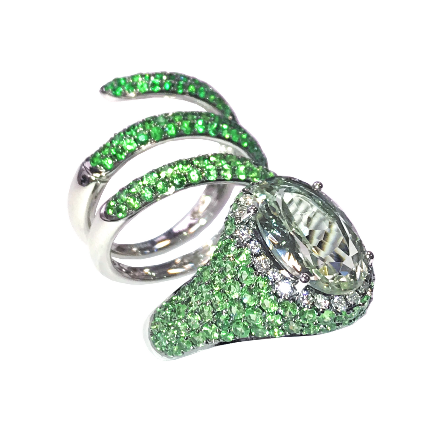 White Gold Green Garnet & Amethyst & White Diamond Coiled Finger Ring From Convertibles Collection