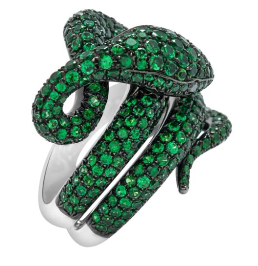 White Gold Black Diamonds Tsavorites Ring From Snake Collection