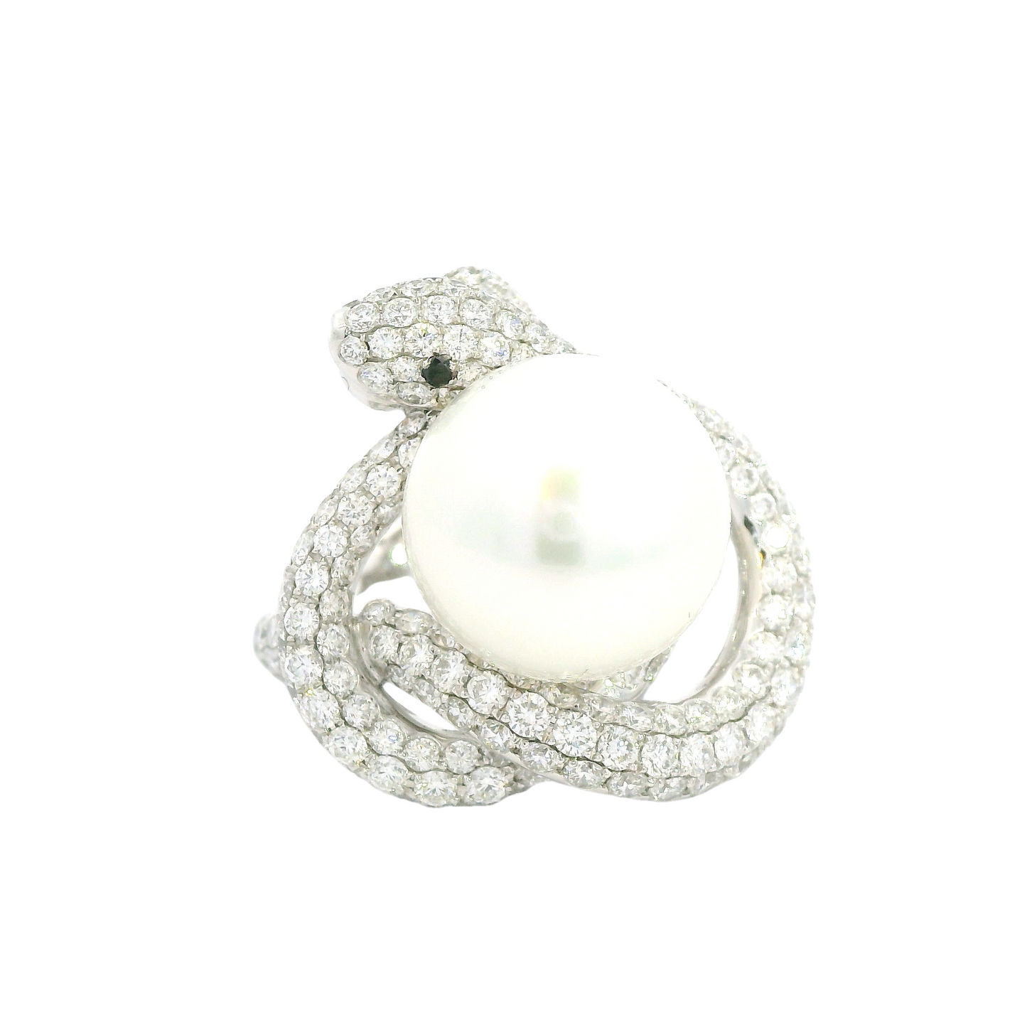 White Gold South Sea Pearl White & Black Diamond Ring From Snake Collection