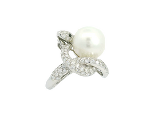 White Gold South Sea Pearl White & Black Diamond Ring From Snake Collection