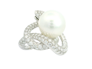 White Gold South Sea Pearl White & Black Diamond Ring From Snake Collection