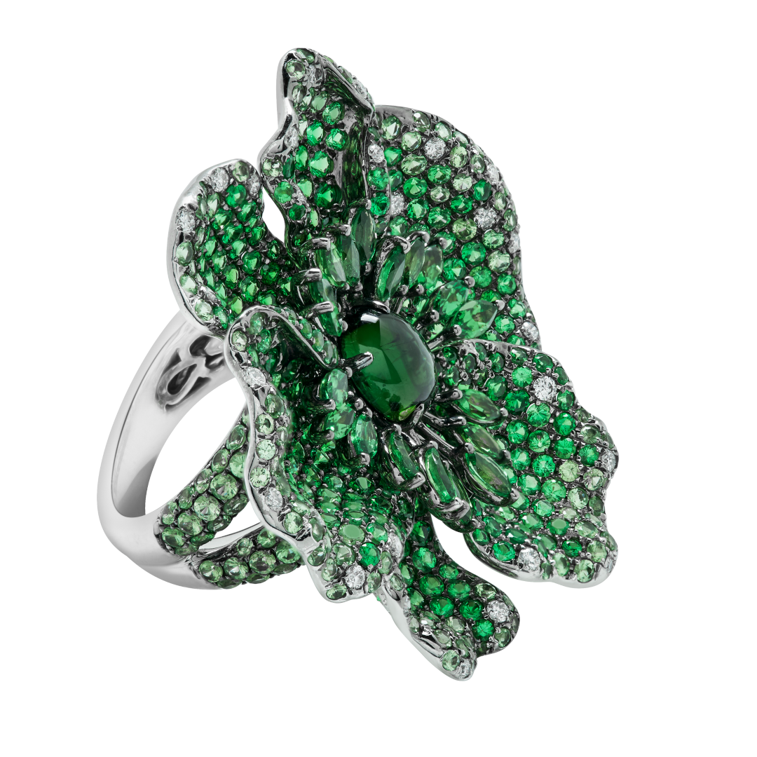 White Gold Green Garnet and Tourmaline Ring from Flower Collection