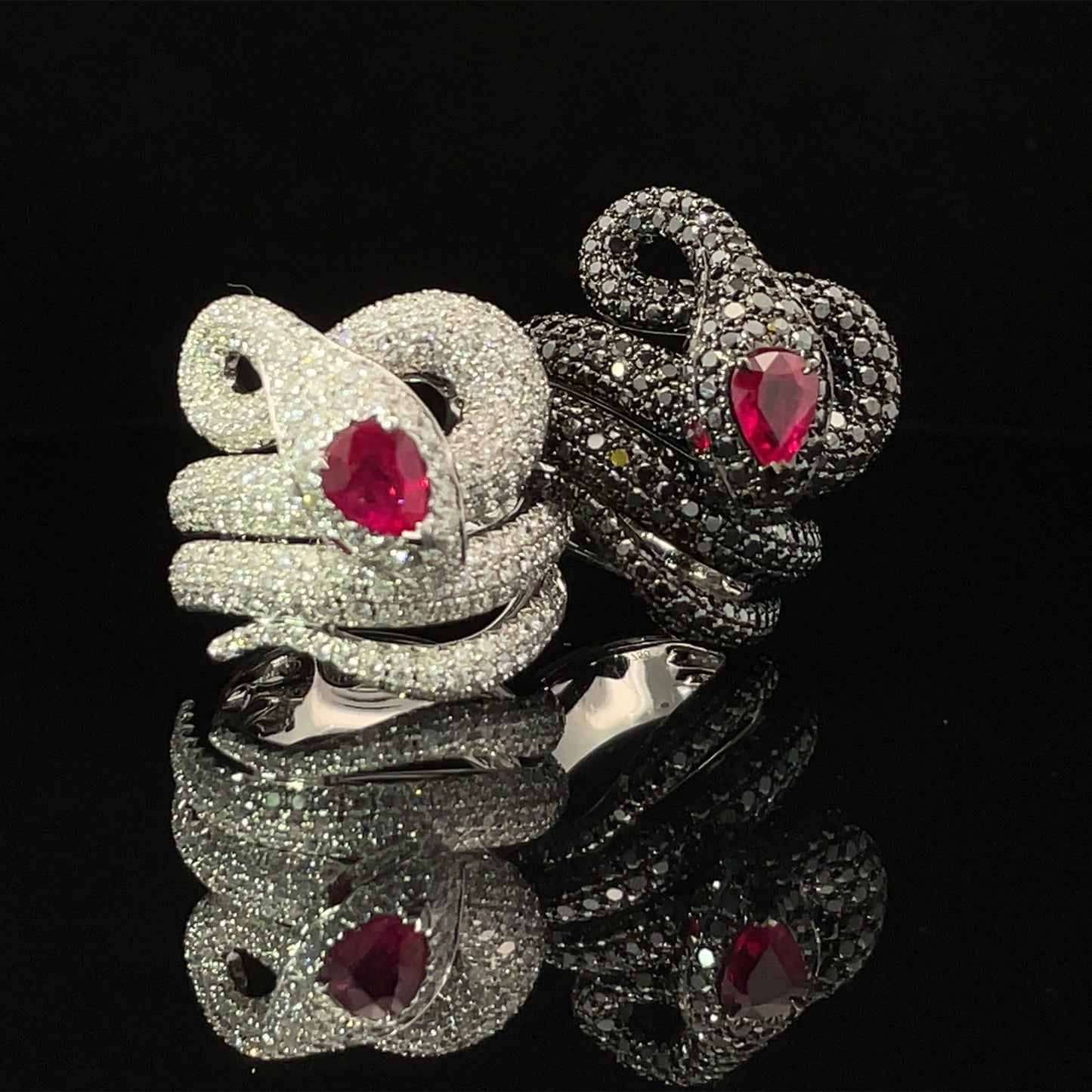 White Gold with Black Diamond and Ruby Cocktail Ring from Snake Collection