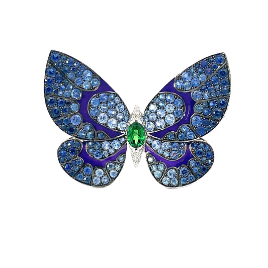 White Gold Sapphire, Tsavorite, White Diamond and Enamel Butterfly Ring