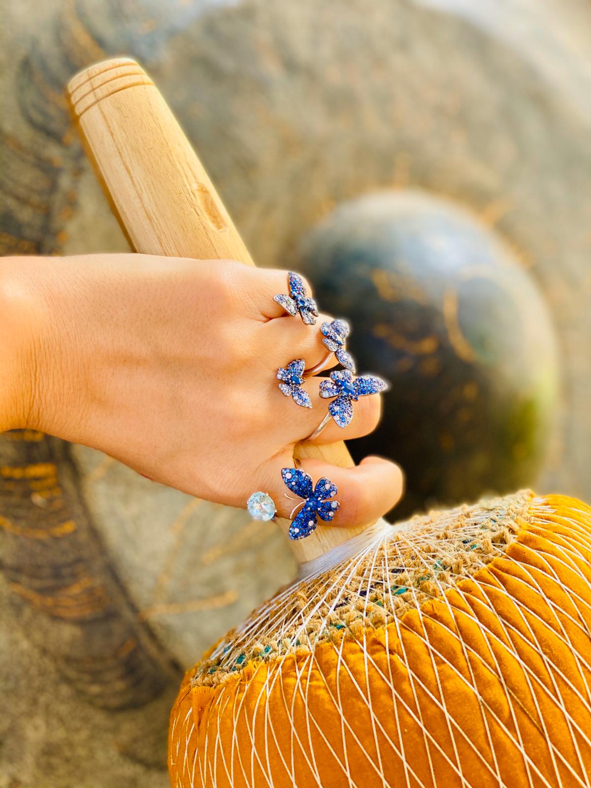 White Gold White Diamond Blue Sapphires Ring From Butterfly Collection