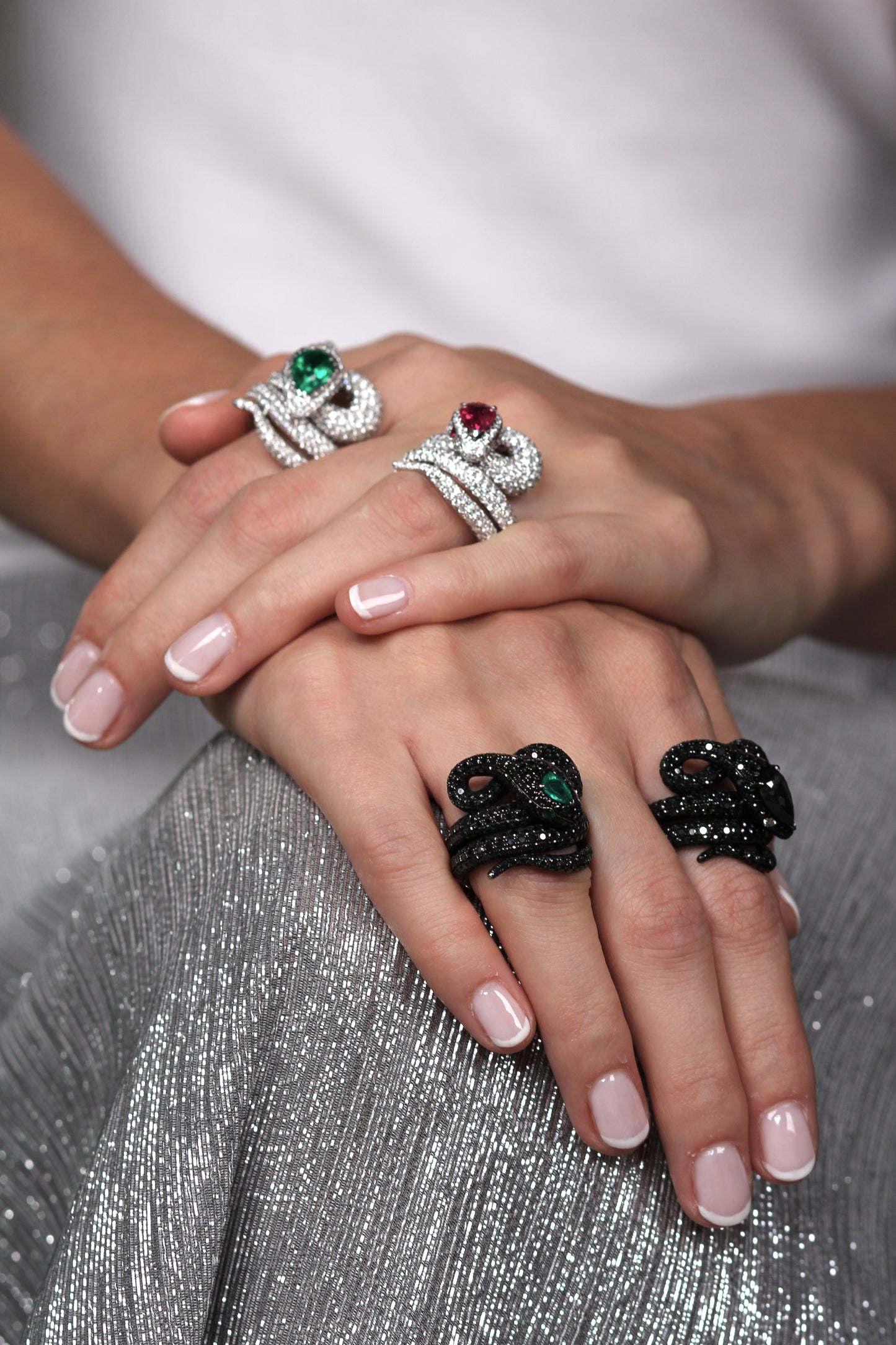 White Gold White Diamond Emerald Ring From Snake Collection