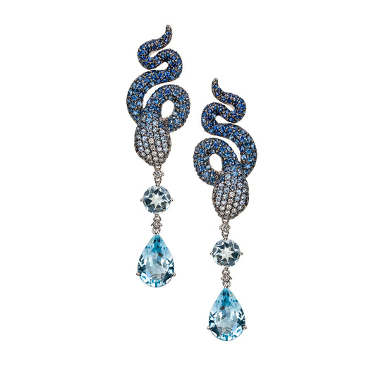 White Gold Blue Sapphire and Aquamarine Drop Earrings from Snake Collection