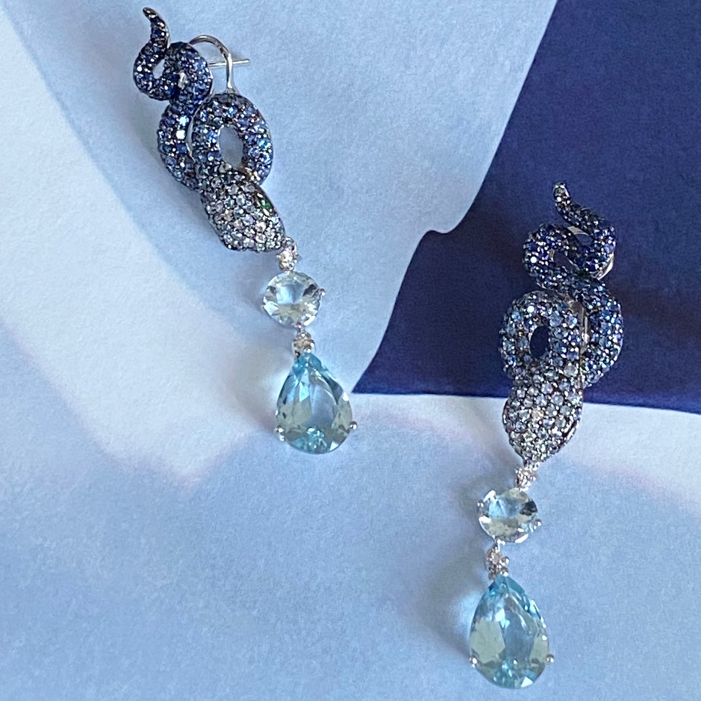 White Gold Blue Sapphire and Aquamarine Drop Earrings from Snake Collection