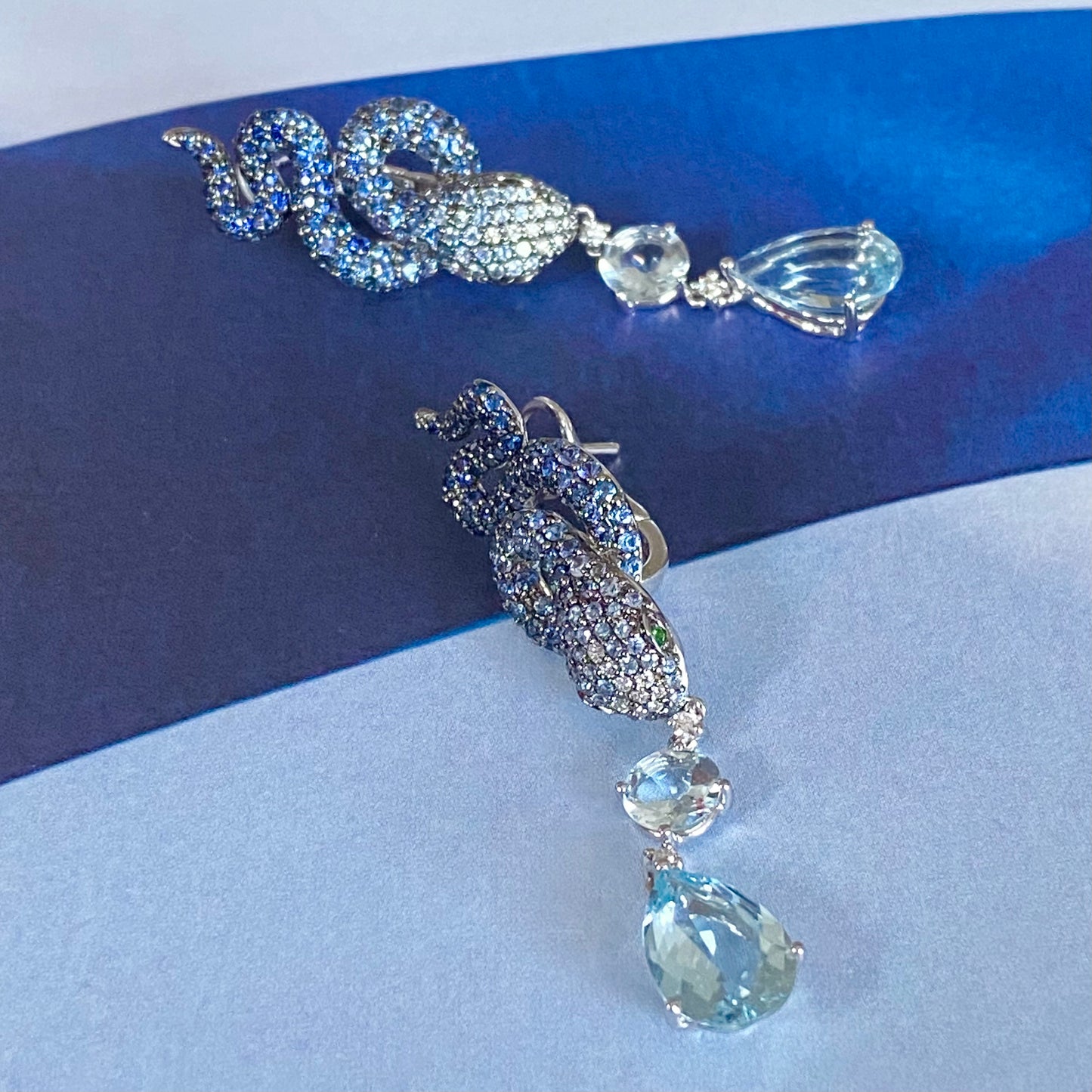 White Gold Blue Sapphire and Aquamarine Drop Earrings from Snake Collection