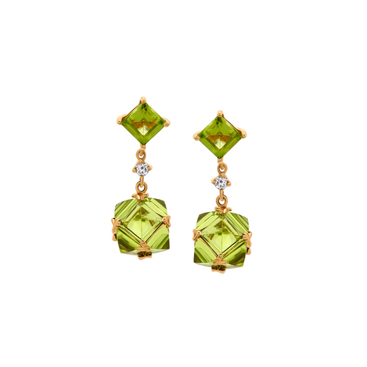 Yellow Gold White Diamond Peridot Dangle Earrings From Terri Collection