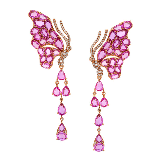 Rose Gold Pink Sapphire and Diamond Drop Earrings from Butterfly Collection