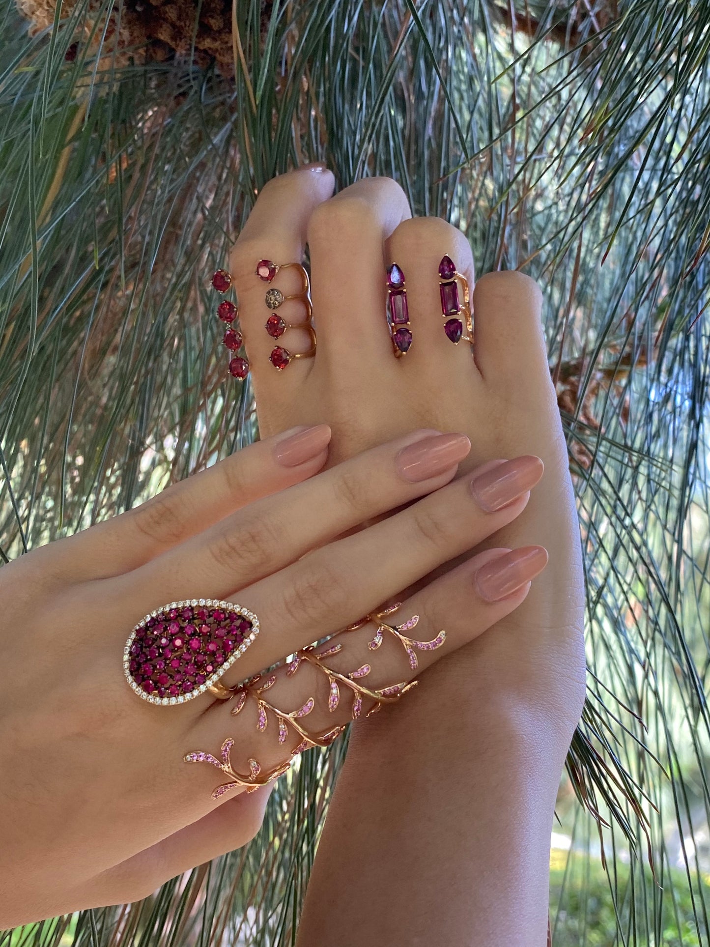 Pink Sapphires and Diamonds Full-Finger Ring