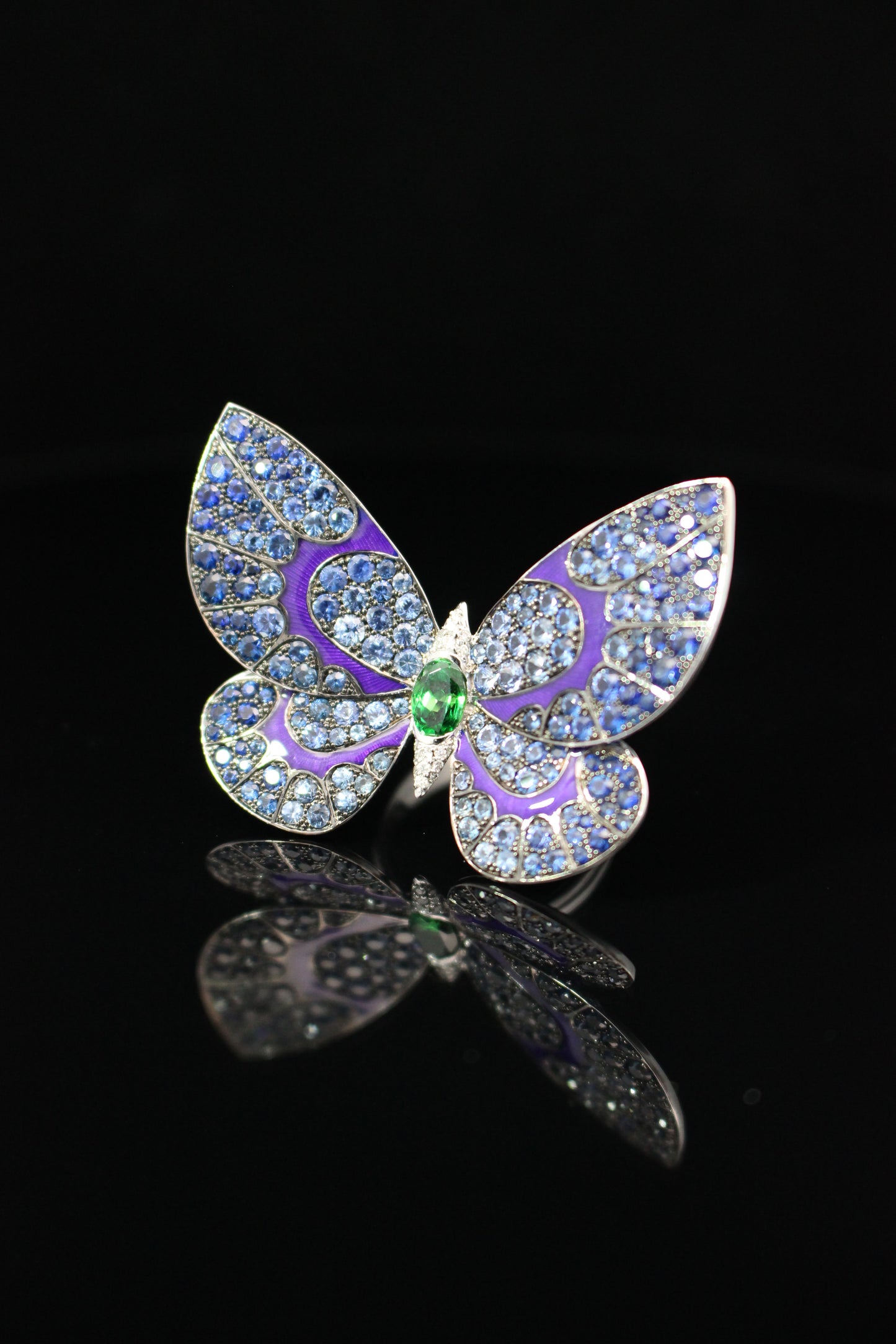 White Gold White Diamond Blue Sapphire Tsavorite  Ring From Butterfly Collection