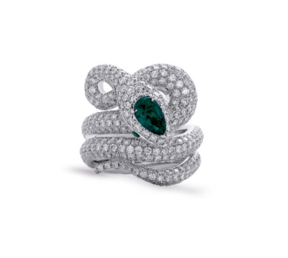 White Gold White Diamond Emerald Ring From Snake Collection