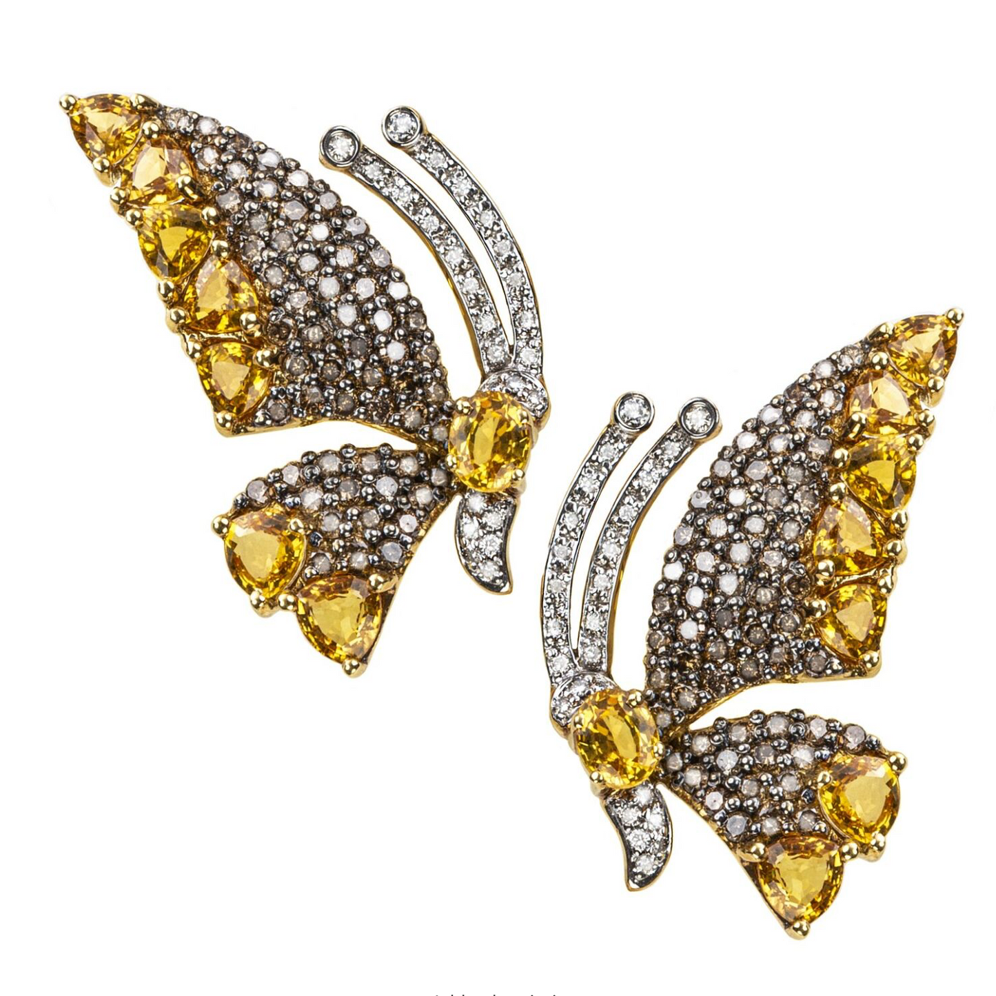 Yellow Gold with White & Brown Diamond & Yellow Sapphire Earrings from Butterflies Collection