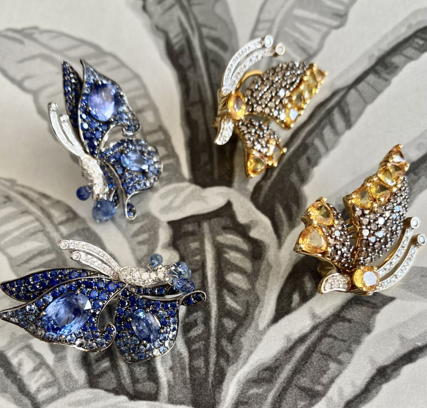 Yellow Gold with White & Brown Diamond & Yellow Sapphire Earrings from Butterflies Collection