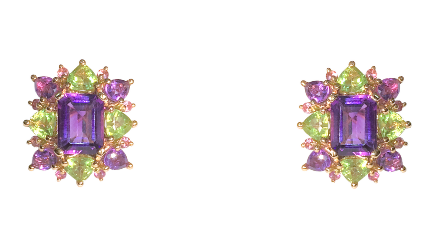 Rose Gold with Pink Sapphire & Peridot & Amethyst  Earrings from  Flowers Collection