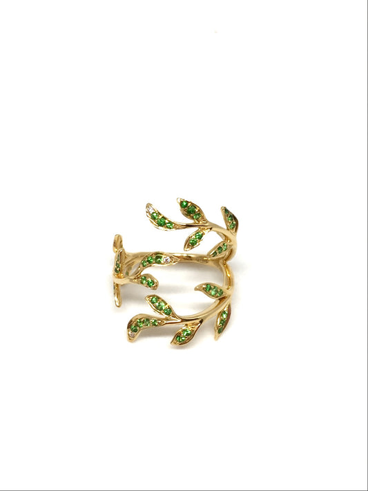 Yellow Gold with White Diamond & Green Garnet Ring from Flower Collection