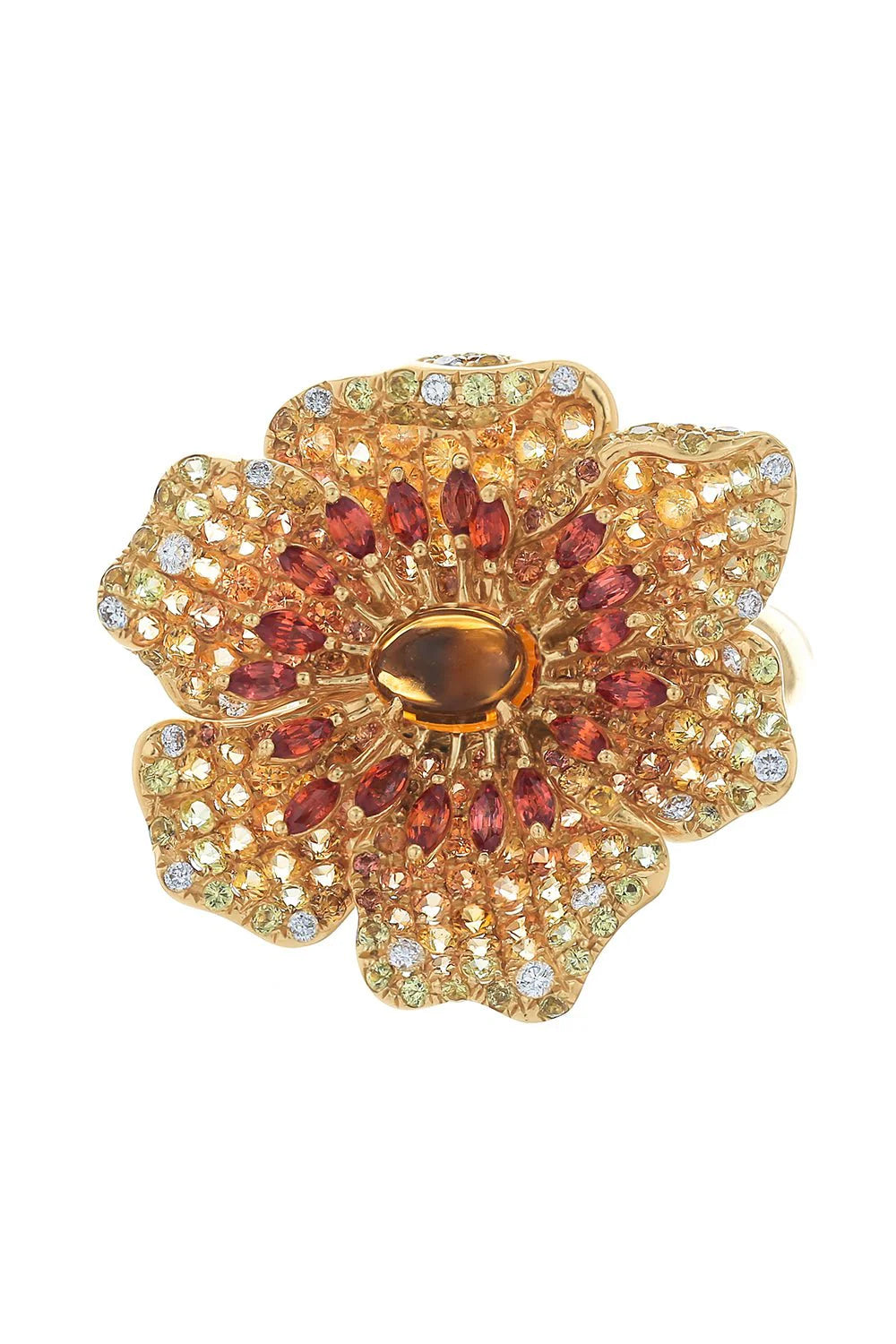 Yellow Gold with White Diamond & Yellow & Orange Sapphire Ring from Flower Collection