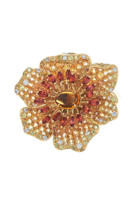 Yellow Gold with White Diamond & Yellow & Orange Sapphire Ring from Flower Collection