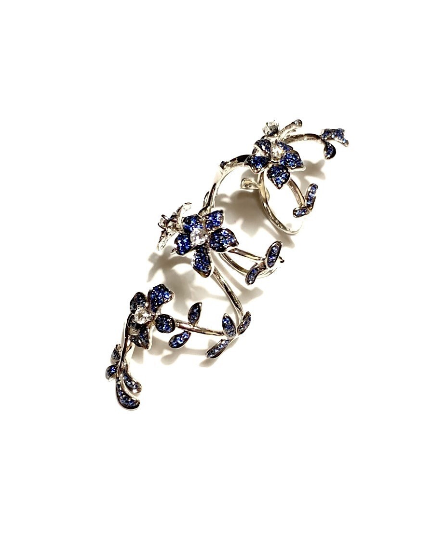 White Gold with White Diamond & Blue Sapphire Full Finger Ring from Flower Collection