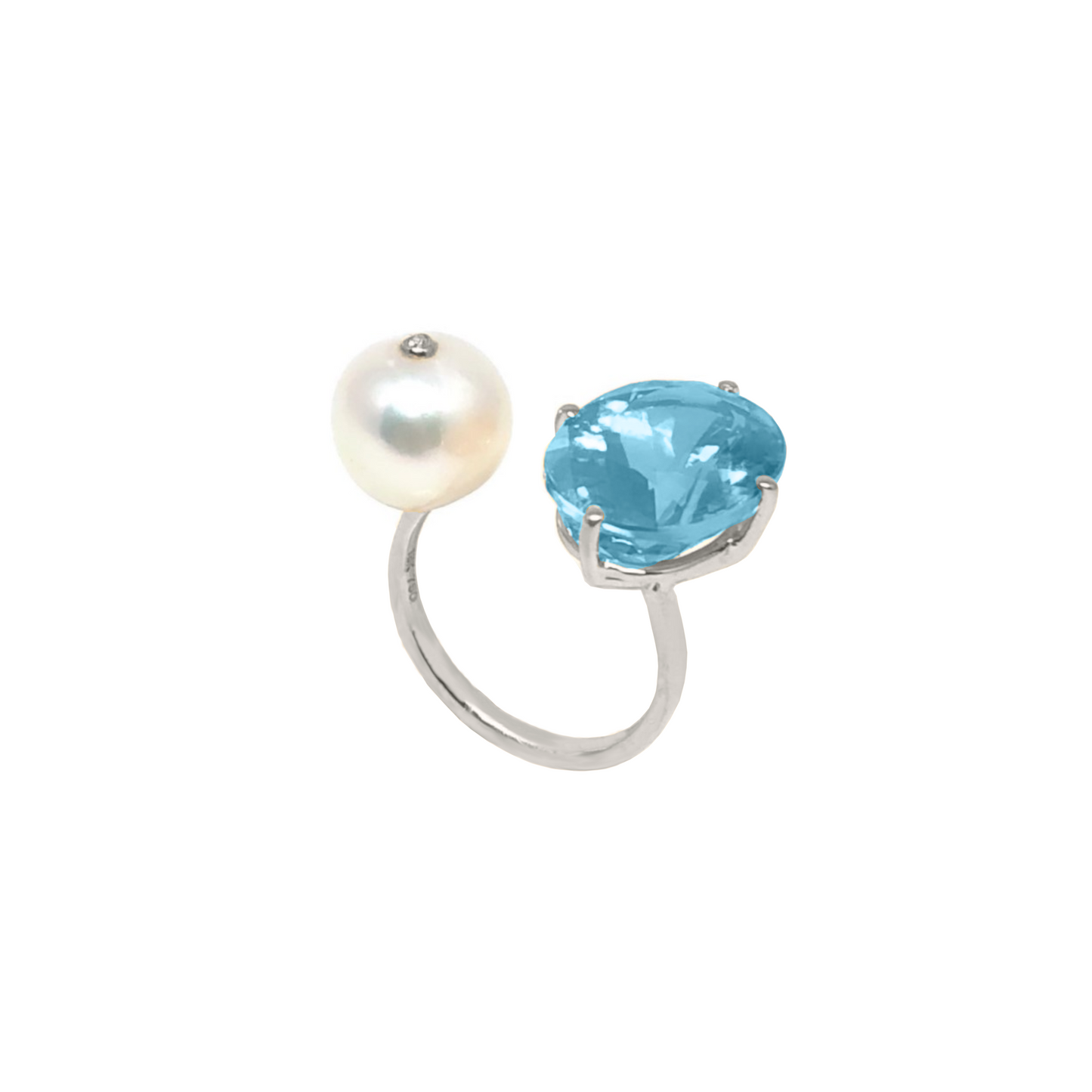 White Gold with White Diamond & Fresh Water Pearl & blue Topaz Ring from Terri Collection
