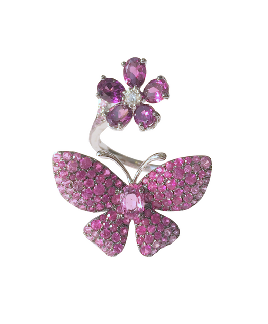 White Gold with White Diamond & Pink Sapphire & Rhodolite Garnet Ring from Butterflies collection