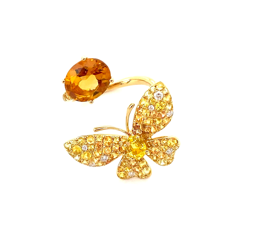 Yellow Gold with White Diamond & Yellow Sapphire & Citrine  Ring from Butterflies Collection