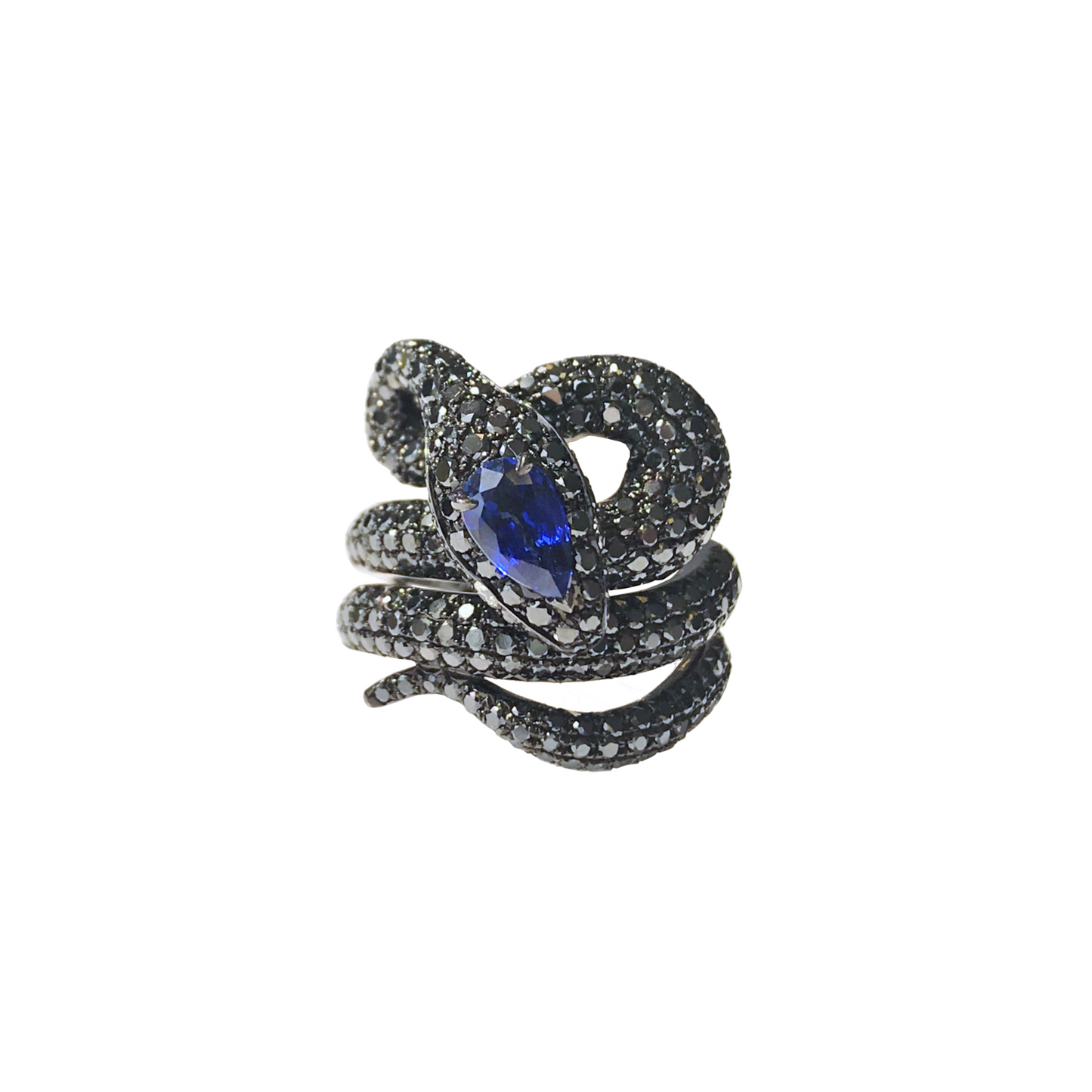 White Gold Blue Sapphire Black Diamond Ring From Snake Collection