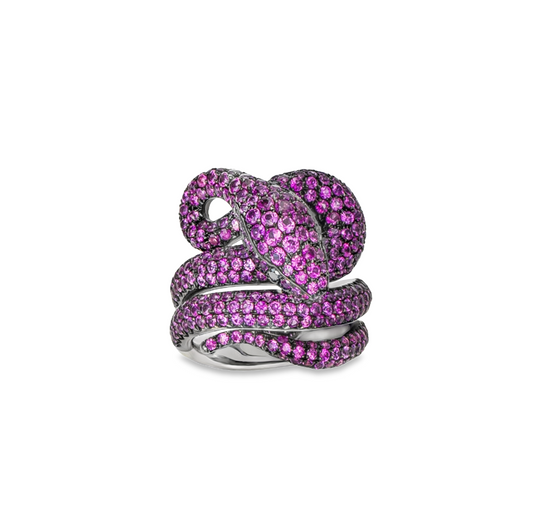 White Gold Pink Sapphire Black Diamond Ring From Snake Collection