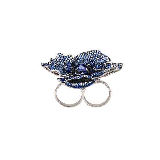 White Gold White Diamond Blue Sapphire Blue Iolite Two Fingers Ring From Flower Collection
