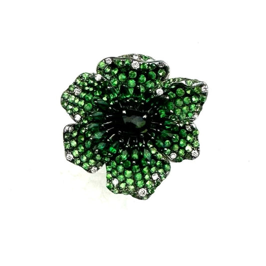 White Gold White Diamond Tourmaline Green Garnet Ring From Flowers Collection