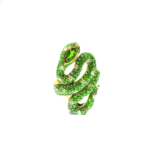 Rose Gold with Green Garnet and White Diamond Cocktail Ring from Snake Collection