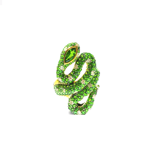 Rose Gold with Green Garnet and White Diamond Cocktail Ring from Snake Collection