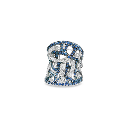 White Gold White Diamond Blue Sapphire Ring From Snake Collection